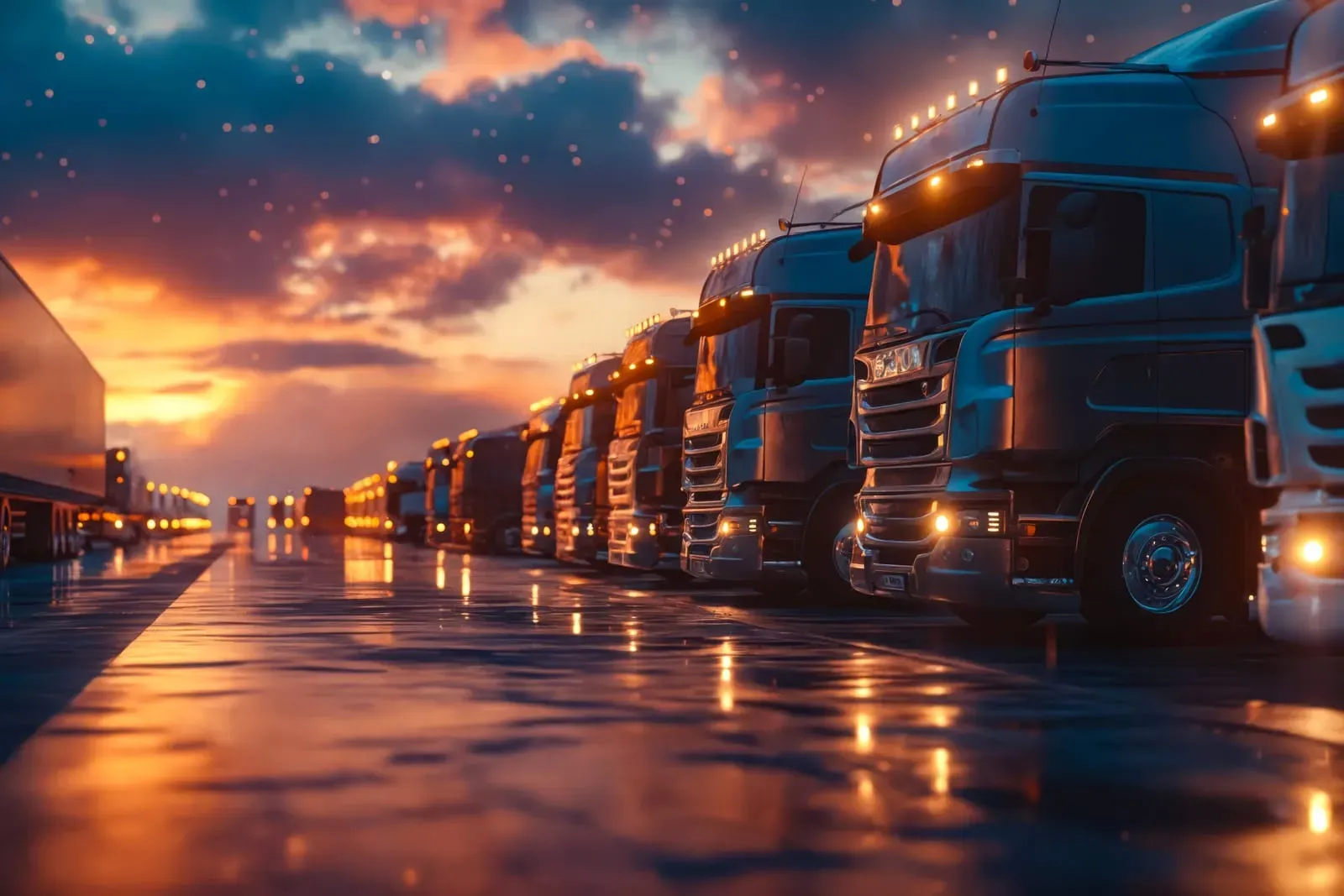 A parking lot filled with trucks using fleet telematics